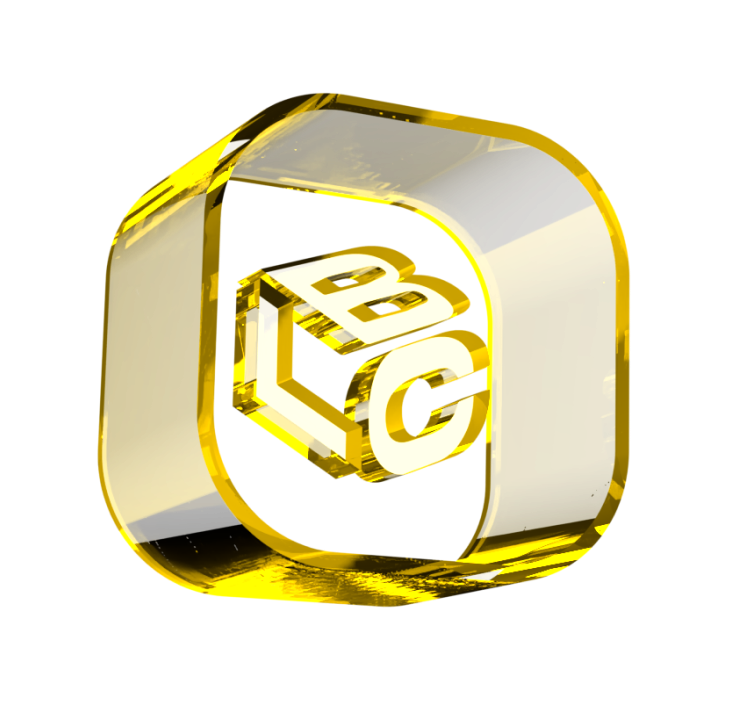 Logotipo 3D dourado com as letras B, L, C